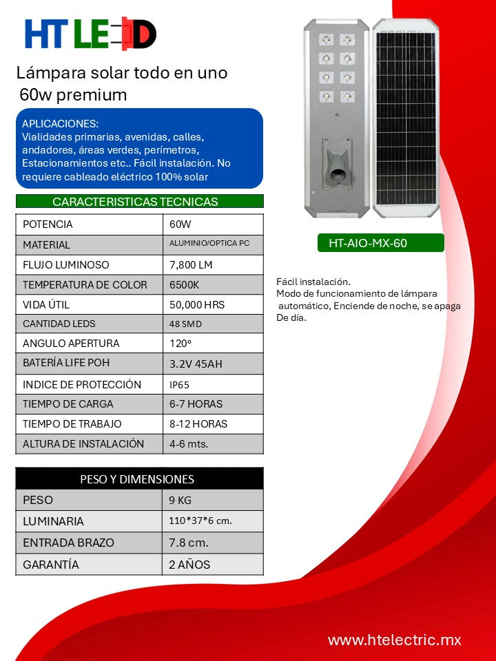 Lámpara solar todo en uno premium 60w para alumbrado público