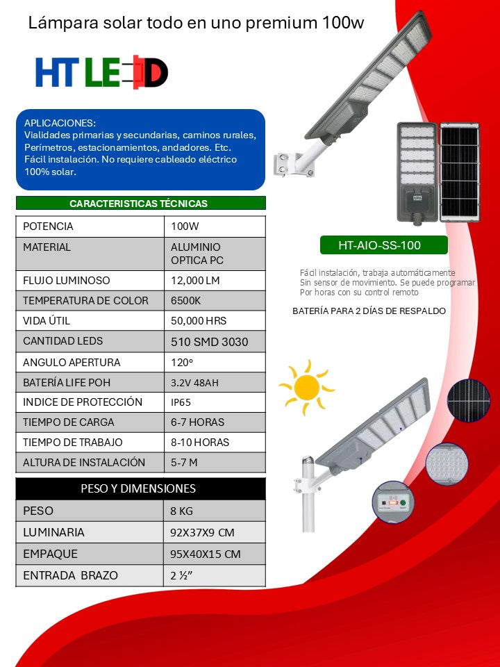Lámpara solar todo en uno 100w alumbrado público